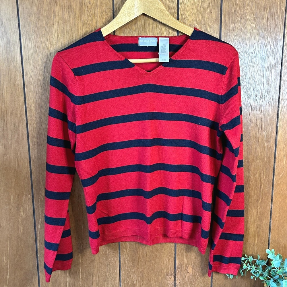 Liz Claiborne Collection Red Blue Striped V-Neck Sweater Long Sleeve Merino Wool
